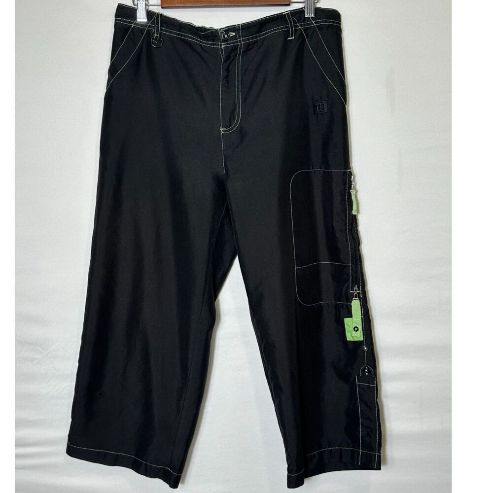 Wilson Women's Y2K Black Cargo Capri Pants Size L Green Piping/Stitching
